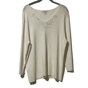 Dressbarn size 14/16 ivory v neck embroidered beaded pearls long sleeve sweater